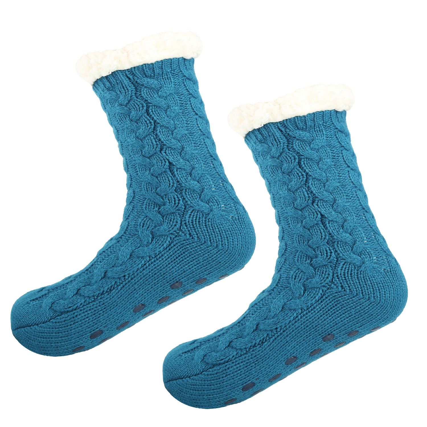 Tiosebon Unisex Fuzzy Fleece-Lined  Slipper Socks-Khaki-Blue